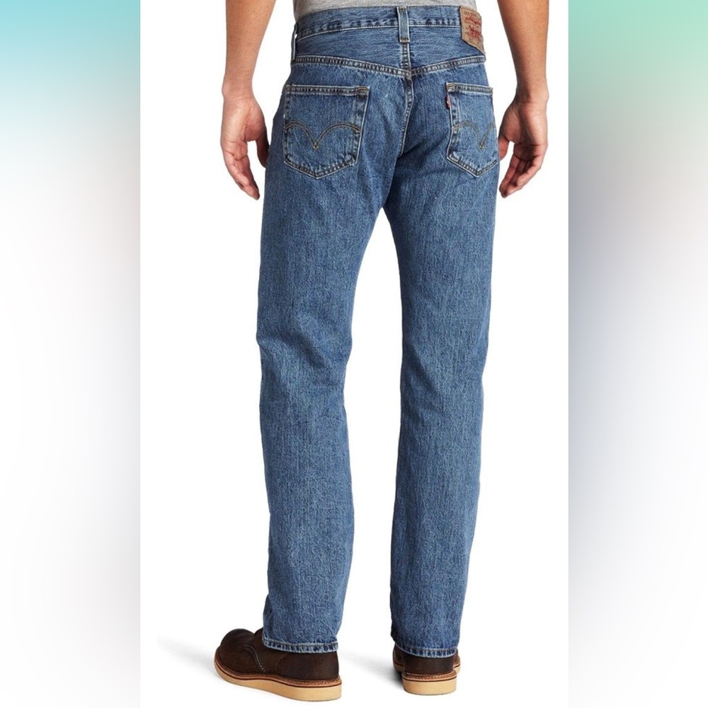 Levi's 501 Blue Denim Jeans with Leather Patch and Durable Stitching - Picture 2 of 5
